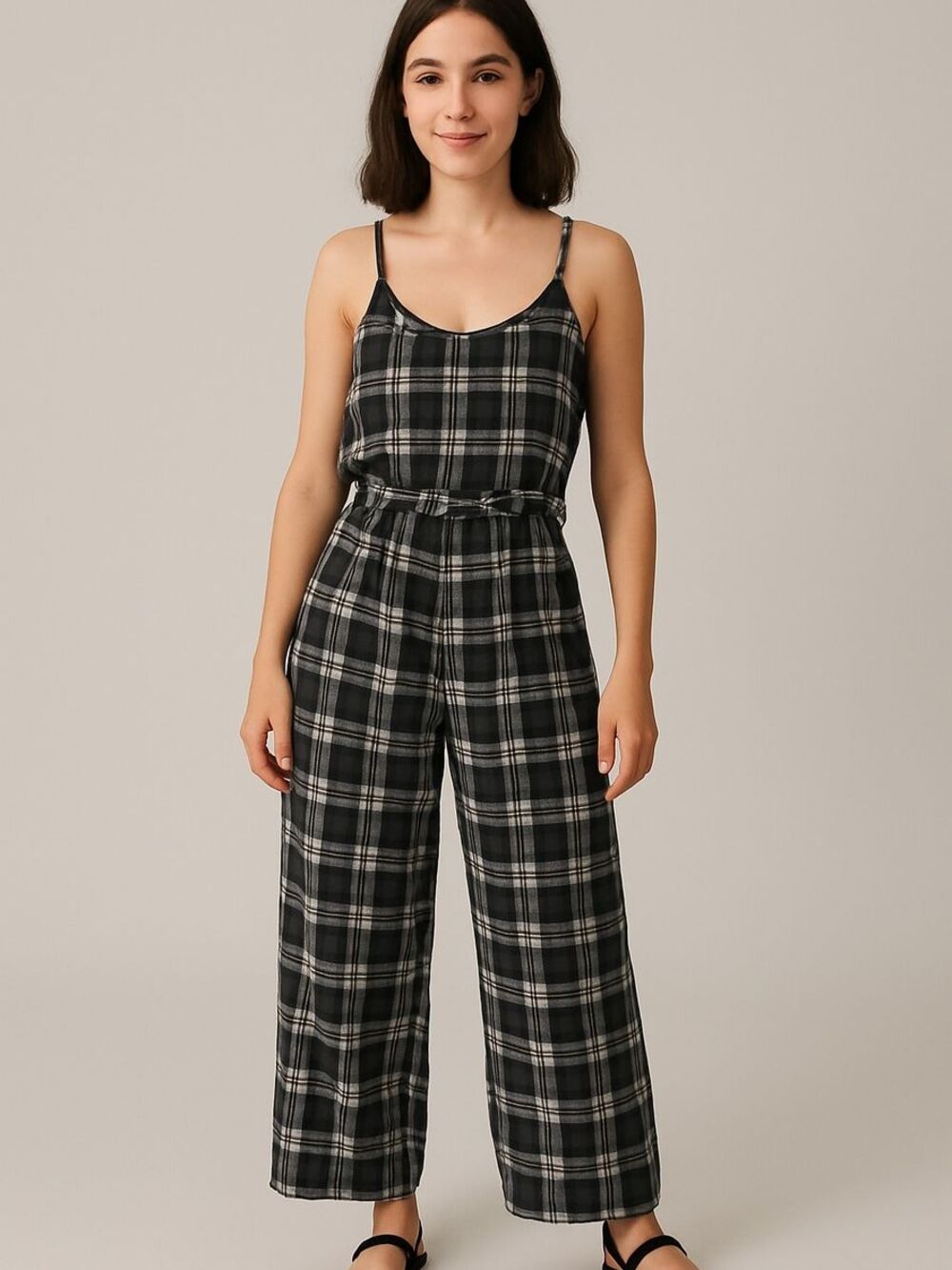 American Eagle Plaid Jumpsuit Black White Medium